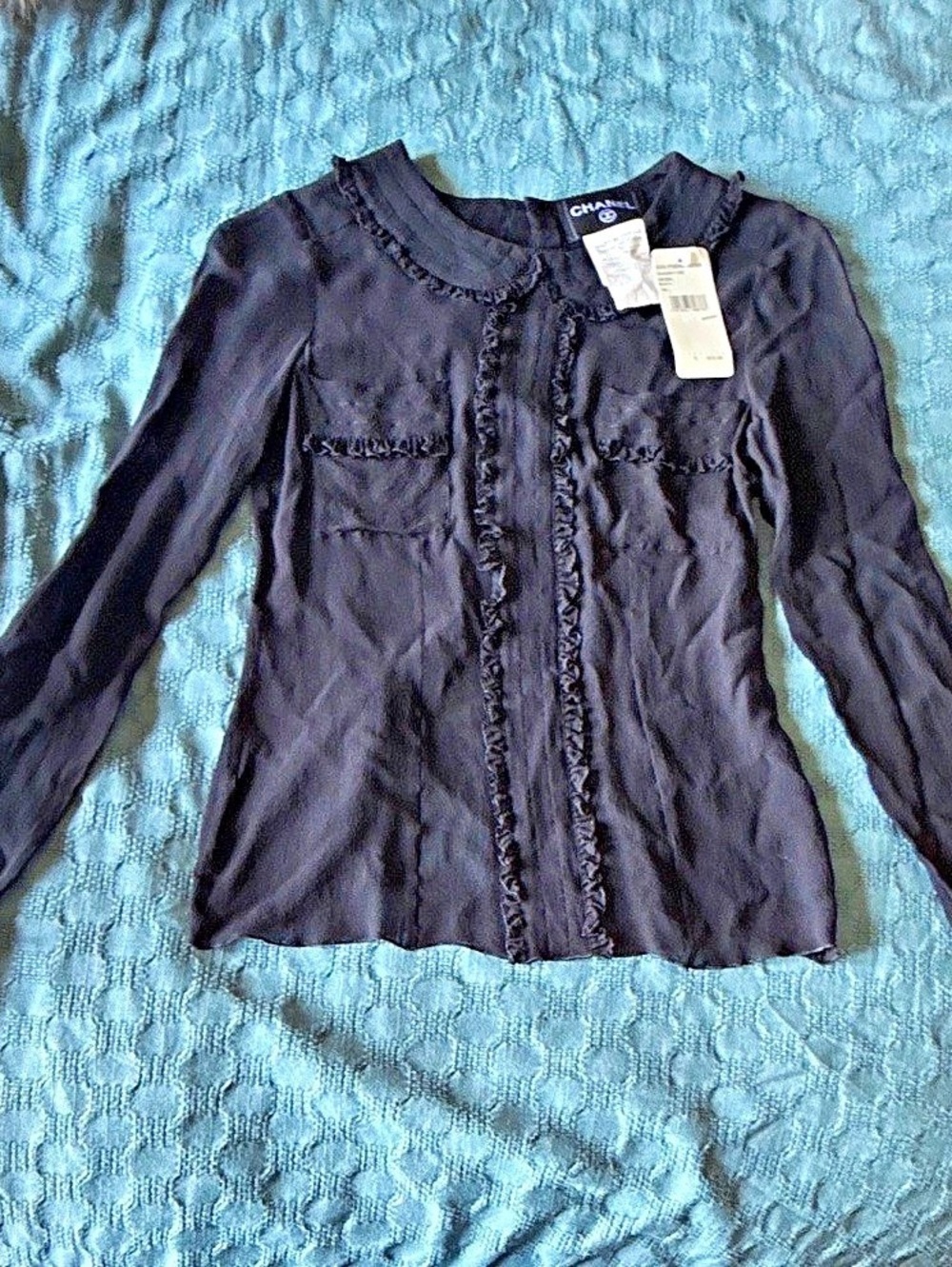 Chanel 02A Silk Ruffled Blouse Black Size 34 NWT